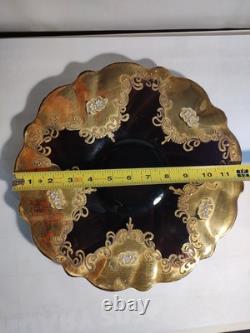 Czech Bohemian Gold And Cranberry Glass Punch Bowl And Platter