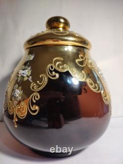 Czech Bohemian Gold And Cranberry Glass Punch Bowl And Platter