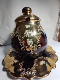 Czech Bohemian Gold And Cranberry Glass Punch Bowl And Platter