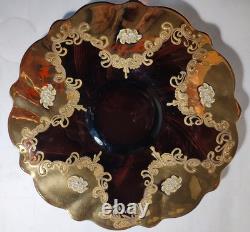 Czech Bohemian Gold And Cranberry Glass Punch Bowl And Platter
