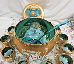 Czech Bohemian Gold Enamel Green Crystal Punch Bowl, 12 Glasses, Ladle and Bell