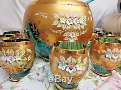Czech Bohemian Gold Enamel Green Crystal Punch Bowl, 12 Glasses, Ladle and Bell