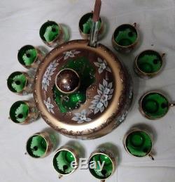 Czech Bohemian Gold Hi Enamel Green Crystal Glass Punch Bowl 12 Cups Ladel