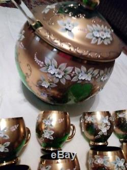 Czech Bohemian Gold Hi Enamel Green Crystal Glass Punch Bowl 12 Cups Ladel