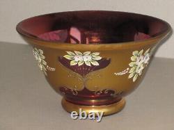 Czech Madesk Bohemian Red Glass Punch Bowl- Gold Enameled-Raised Floral Decor