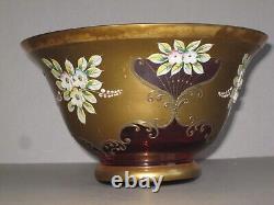 Czech Madesk Bohemian Red Glass Punch Bowl- Gold Enameled-Raised Floral Decor