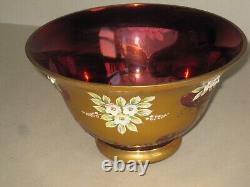 Czech Madesk Bohemian Red Glass Punch Bowl- Gold Enameled-Raised Floral Decor