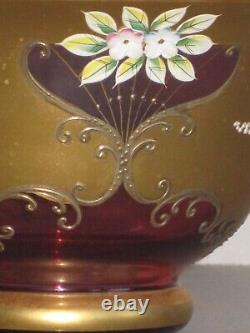 Czech Madesk Bohemian Red Glass Punch Bowl- Gold Enameled-Raised Floral Decor