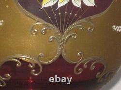 Czech Madesk Bohemian Red Glass Punch Bowl- Gold Enameled-Raised Floral Decor