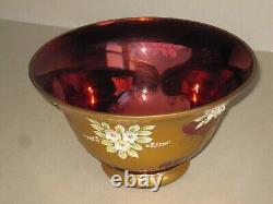 Czech Madesk Bohemian Red Glass Punch Bowl- Gold Enameled-Raised Floral Decor