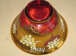 Czech Madesk Bohemian Red Glass Punch Bowl- Gold Enameled-Raised Floral Decor