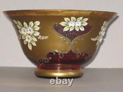 Czech Madesk Bohemian Red Glass Punch Bowl- Gold Enameled-Raised Floral Decor