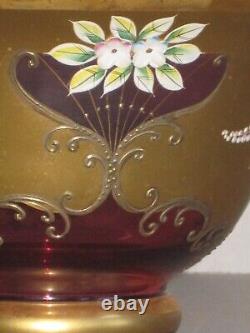 Czech Madesk Bohemian Red Glass Punch Bowl- Gold Enameled-Raised Floral Decor