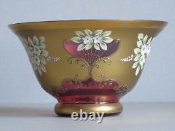 Czech Madesk Bohemian Red Glass Punch Bowl- Gold Enameled-Raised Floral Decor