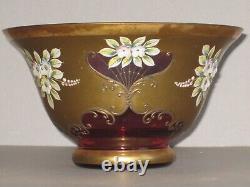 Czech Madesk Bohemian Red Glass Punch Bowl- Gold Enameled-Raised Floral Decor