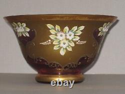 Czech Madesk Bohemian Red Glass Punch Bowl- Gold Enameled-Raised Floral Decor