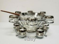 DOROTHY THORPE Allegro PUNCH BOWL SET Teak ROLY POLY Silver Band MID CENTURY