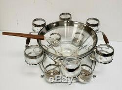 DOROTHY THORPE Allegro PUNCH BOWL SET Teak ROLY POLY Silver Band MID CENTURY