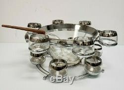 DOROTHY THORPE Allegro PUNCH BOWL SET Teak ROLY POLY Silver Band MID CENTURY