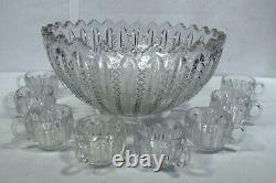 DUNCAN MILLER crystal MARDI GRAS clear pattern PUNCH BOWL with 8 Punch Cups