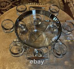 Dorothy Thorpe Atomic MCM Wood Chrome & Glass Roly Poly Punch Bowl 14p Set u-11G