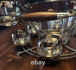 Dorothy Thorpe Atomic MCM Wood Chrome & Glass Roly Poly Punch Bowl 14p Set u-11G
