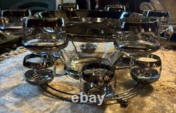 Dorothy Thorpe Atomic MCM Wood Chrome & Glass Roly Poly Punch Bowl 14p Set u-11G