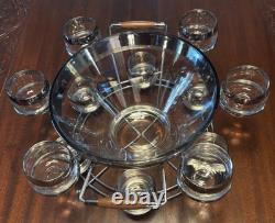 Dorothy Thorpe Atomic MCM Wood Chrome & Glass Roly Poly Punch Bowl 14p Set u-11G