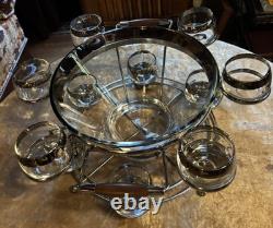 Dorothy Thorpe Atomic MCM Wood Chrome & Glass Roly Poly Punch Bowl 14p Set u-11G