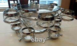 Dorothy Thorpe Atomic MCM Wood, Chrome & Glass Roly Poly Punch Bowl 15p Set s-3H