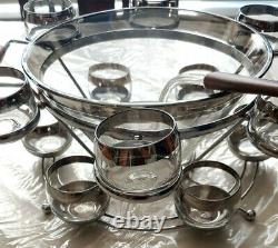 Dorothy Thorpe Atomic MCM Wood, Chrome & Glass Roly Poly Punch Bowl 15p Set s-3H