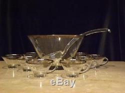Dorothy Thorpe Punch Bowl Set Glass Ladle 8 Handled Cups Silver Rim Mid Century