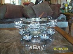 Dorothy Thorpe Silver Rim 16 Piece Punch Bowl Roly Poly Glasses, Caddy & Ladle