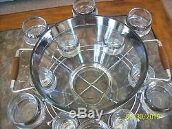 Dorothy Thorpe Silver Rim 16 Piece Punch Bowl Roly Poly Glasses, Caddy & Ladle