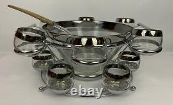 Dorothy Thorpe Silver Rim Punch Bowl 12 Roly Poly Glasses, Caddy & Ladle MCM Set