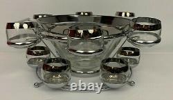 Dorothy Thorpe Silver Rim Punch Bowl 12 Roly Poly Glasses, Caddy & Ladle MCM Set