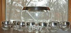 Dorothy Thorpe Silver Rimmed Glass Punch Bowl and 12 Roly Poly Cups