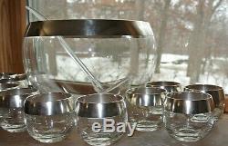 Dorothy Thorpe Silver Rimmed Glass Punch Bowl and 12 Roly Poly Cups