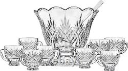 Dublin Crystal Punch Bowl Set with 8 Cups and Ladle 10 Piece Set