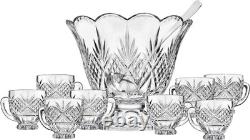 Dublin Crystal Punch Bowl Set with 8 Cups and Ladle 10 Piece Set