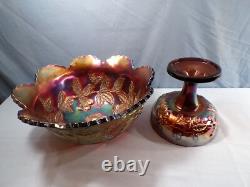 Dugan Amethyst Carnival Glass Many Fruits Punch Bowl with Stand