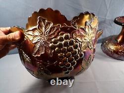 Dugan Amethyst Carnival Glass Many Fruits Punch Bowl with Stand