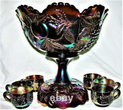 Dugan Carnival Glass Many Fruits 8 Piece Punch Set