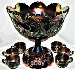 Dugan Carnival Glass Many Fruits 8 Piece Punch Set