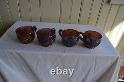 Dugan Carnival Glass Punch Bowl Many Fruits Top 4 Cups Purple