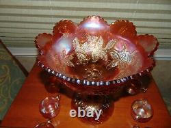 Dugan Deep Marigold Carnival Glass Many Fruits Large Punch Bowl & Cups Pretty