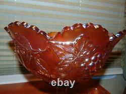 Dugan Deep Marigold Carnival Glass Many Fruits Large Punch Bowl & Cups Pretty