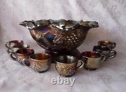 Dugan Glass Co. MANY FRUITS 8pc Iridized Amethyst Purple PUNCH BOWL SET