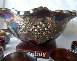 Dugan Glass Co. MANY FRUITS 8pc Iridized Amethyst Purple PUNCH BOWL SET