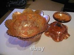 Dugan SUPER! Marigold Antique Carnival Glass Many Fruits Punch Bowl with Base